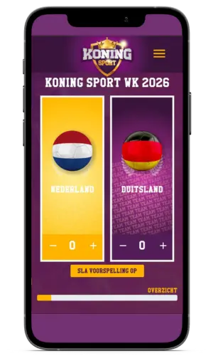 Voorspellingsscherm van de WK poule app waar gebruikers uitslagen kunnen invoeren voor wedstrijden zoals Nederland tegen Duitsland.
