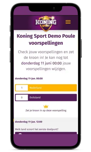 Voorspellingsscherm van de WK poule app waarin deelnemers hun voorspellingen invullen en de Kroon kunnen inzetten voor extra punten.