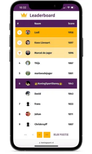 Algemene leaderboard van de WK poule app met spelers die strijden om de hoogste positie in het klassement.